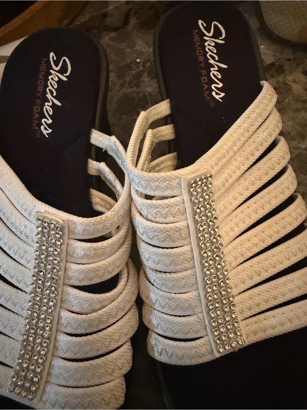 Skechers White Strappy Slide Mules with Rhinestone Center Trim - Picture 3 of 3